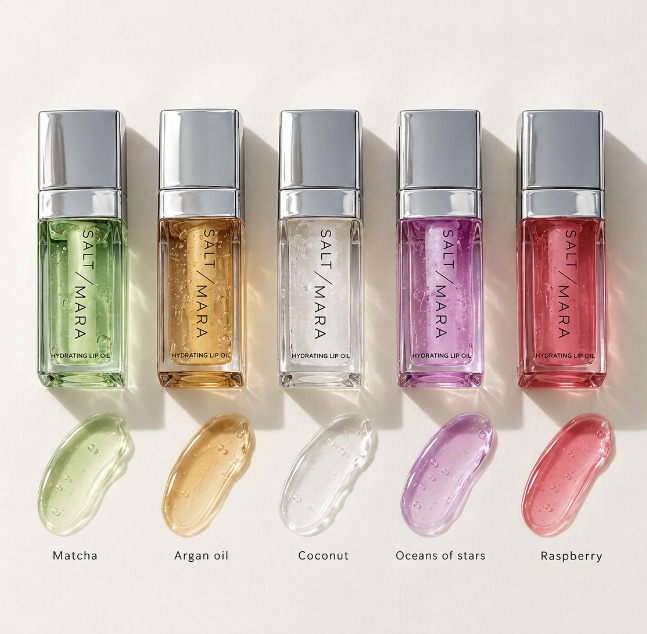 Saltmara lip oil shades: Matcha, Argan Oil, Coconut, Oceans of Stars and Raspberry