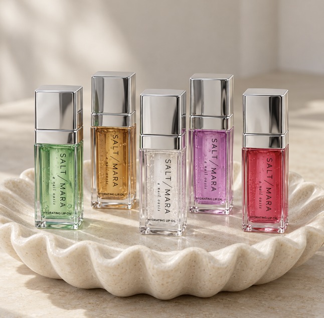The five Saltmara Hydrating Lip Oil bottles